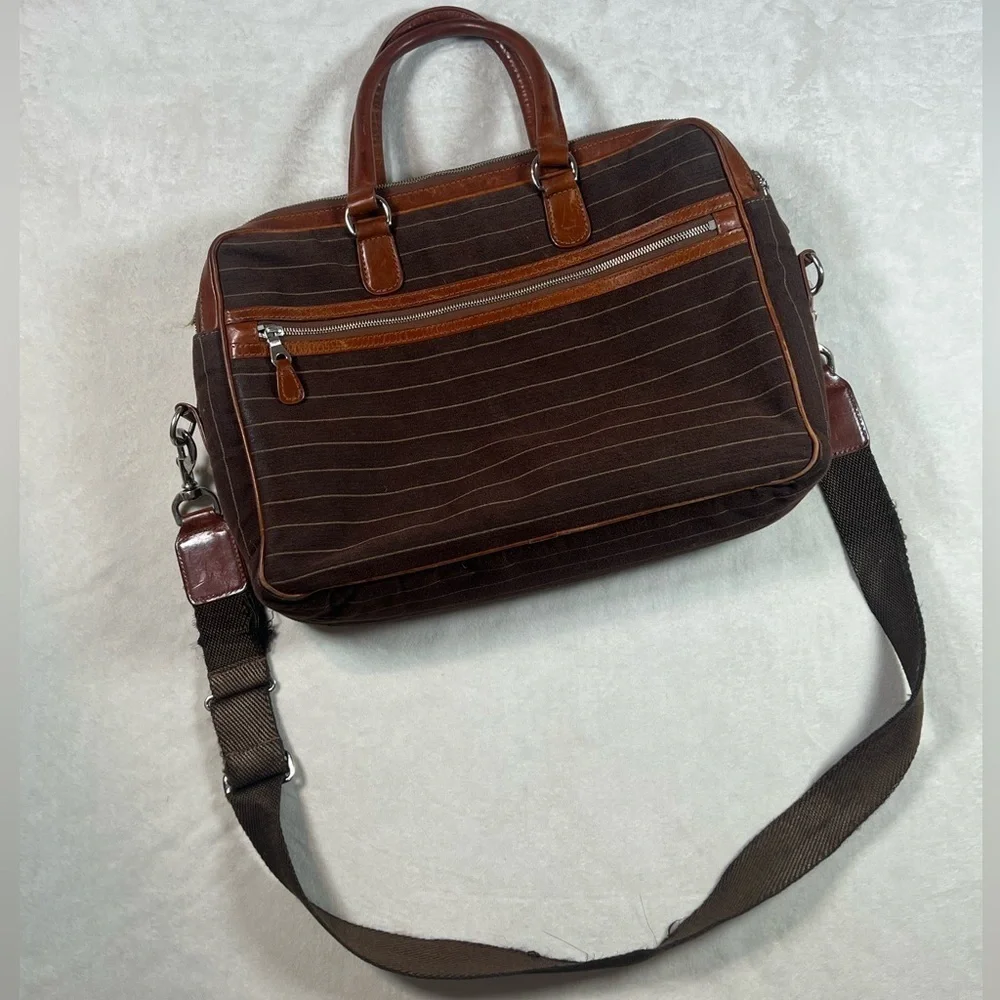 Mulholland Cotton Canvas Leather Made in England Classic Briefcase Striped